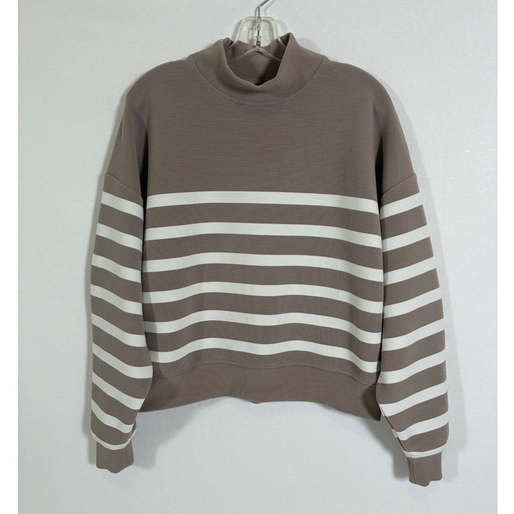 CALIA Womens M Taupe White Striped Mock Neck Cropped Pullover Sweatshirt
